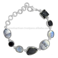 Dendritic Opal Rainbow Moonstone Black Onyx Rutileted & 925 Sterling Silver Bracelet